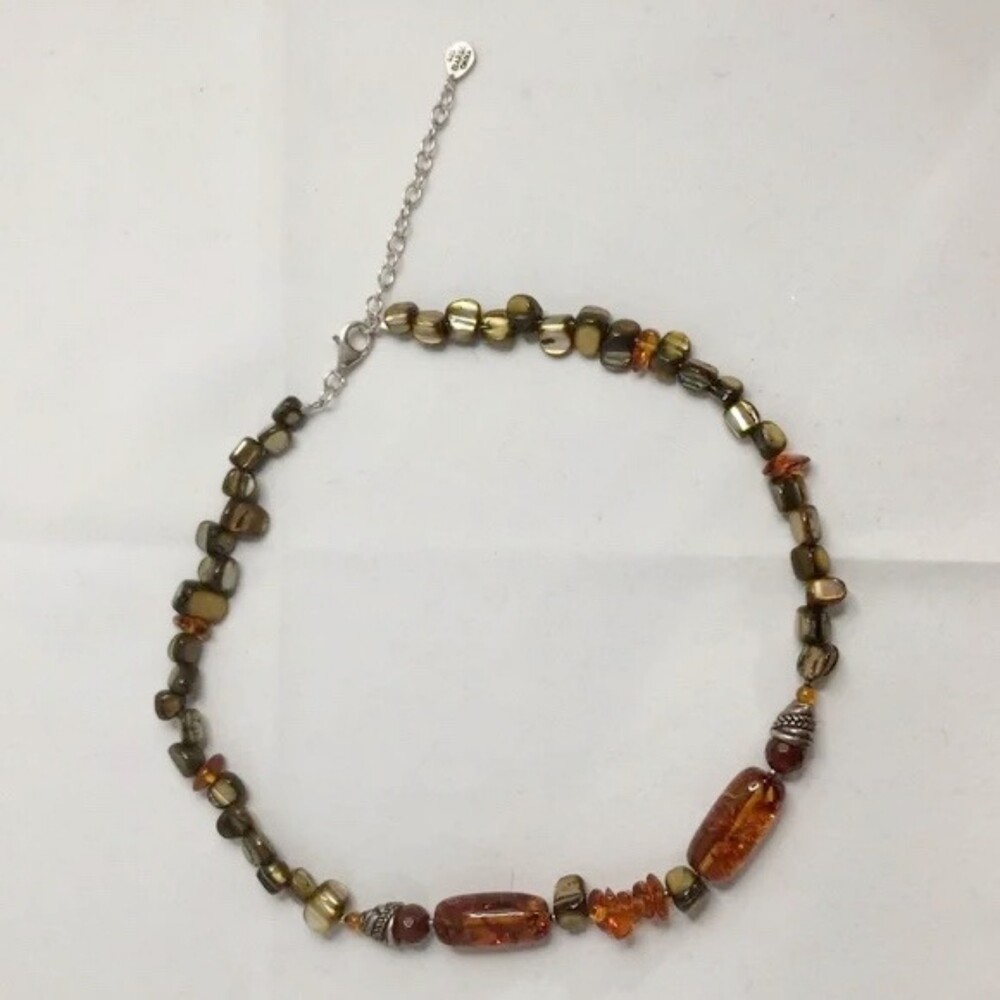 Earth Tone Chip Stone Beaded Necklace Marked 925
